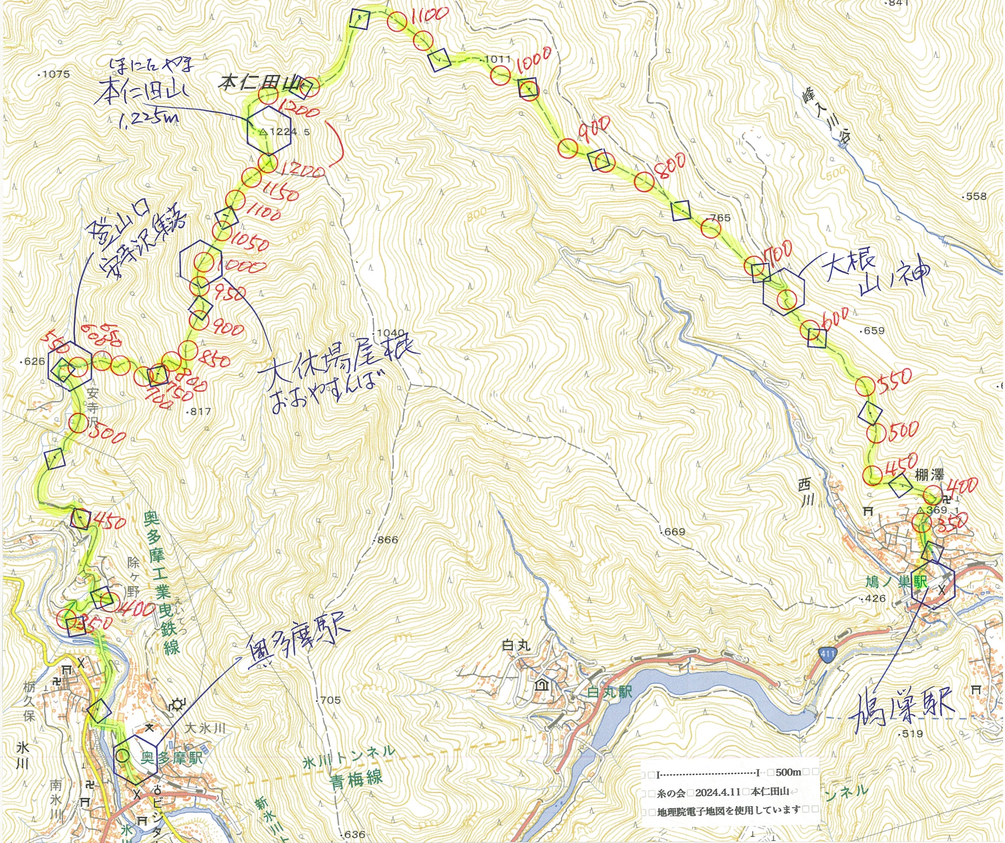 本仁田山地図、map